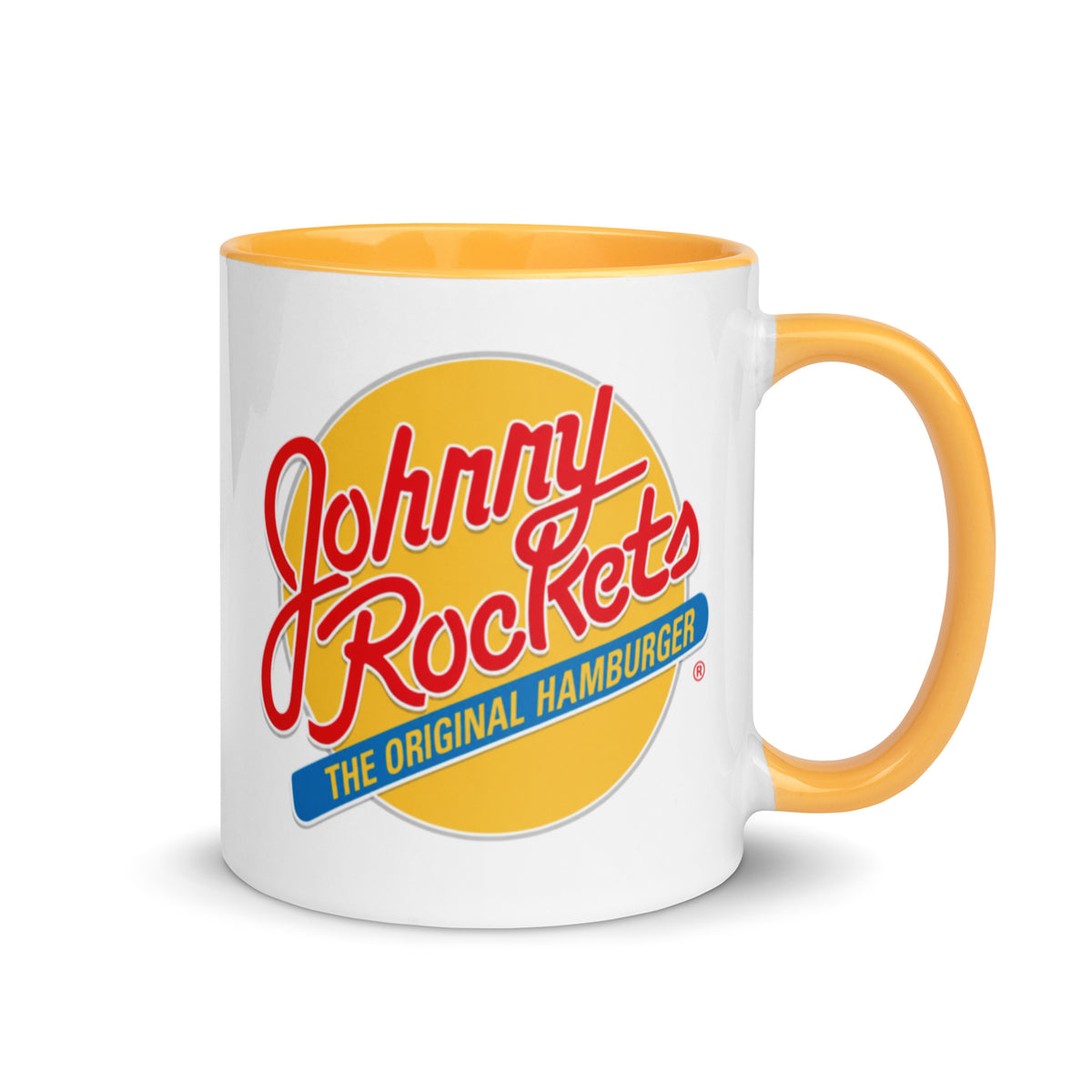 Johnny Rockets logo 11 oz ceramic coffee mug with classic Original Hamburger design and yellow handle and interior