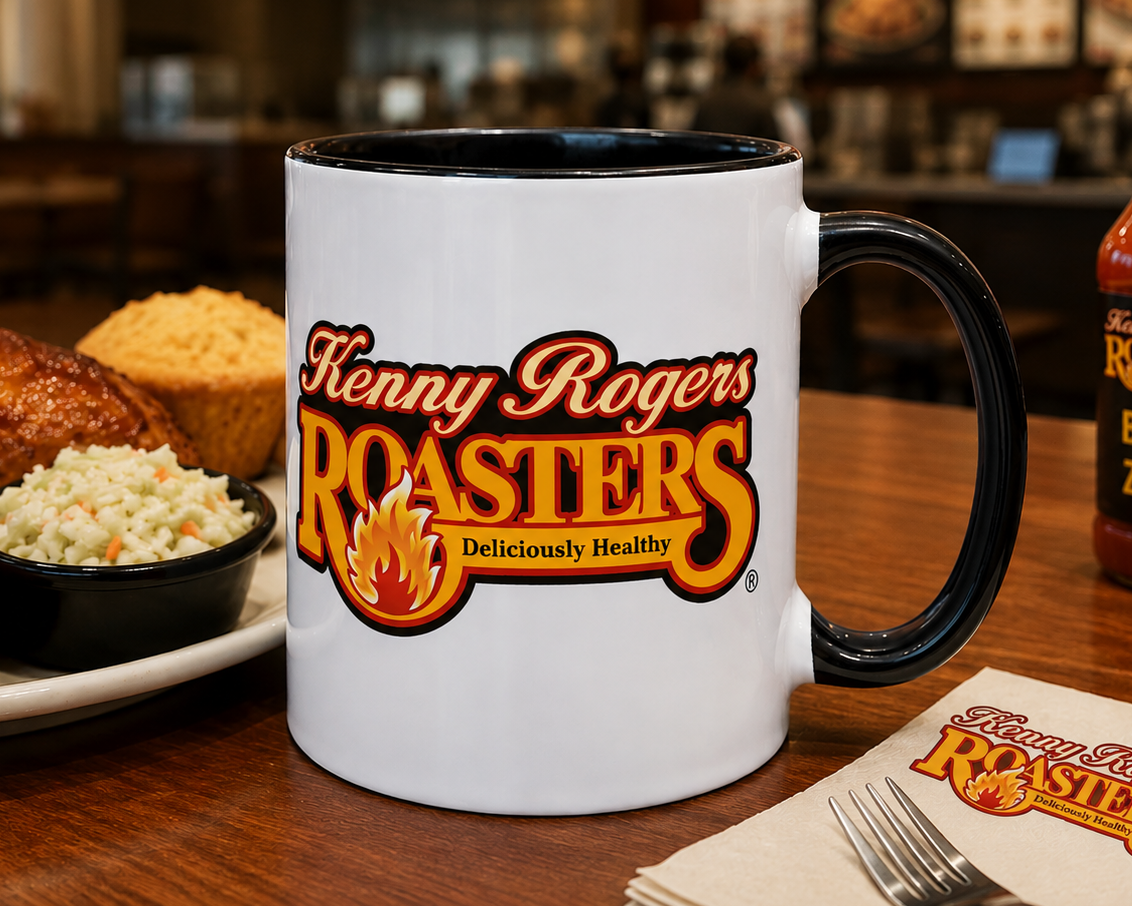 Kenny Rogers Roasters 11 oz ceramic coffee mug featuring the classic red, gold and black flame restaurant logo