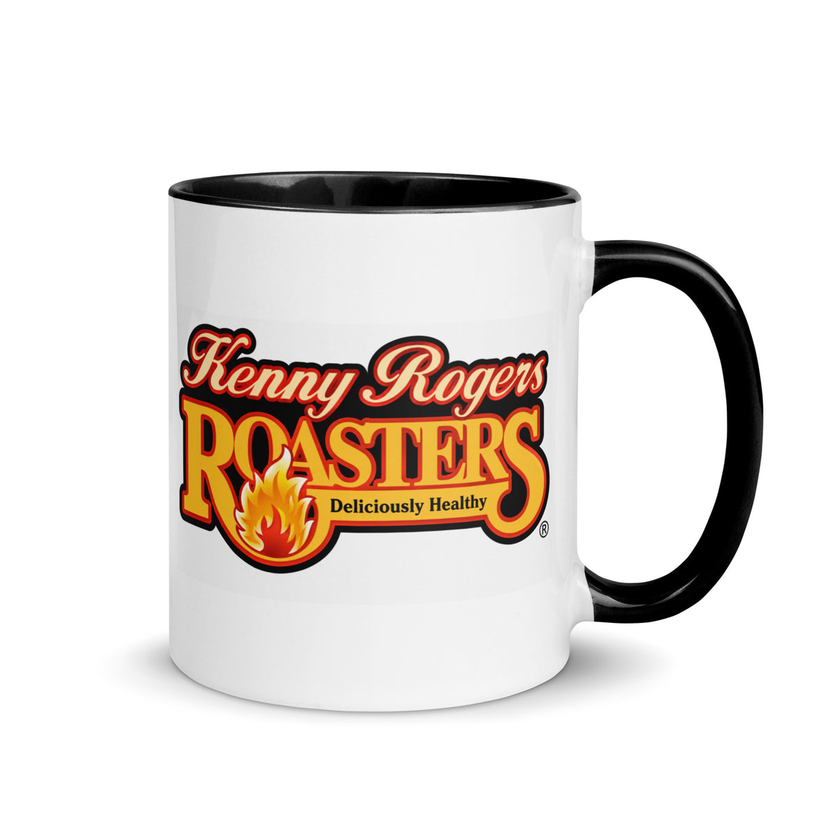 Kenny Rogers Roasters coffee mug with classic restaurant logo, 11 oz white ceramic mug with black handle and interior