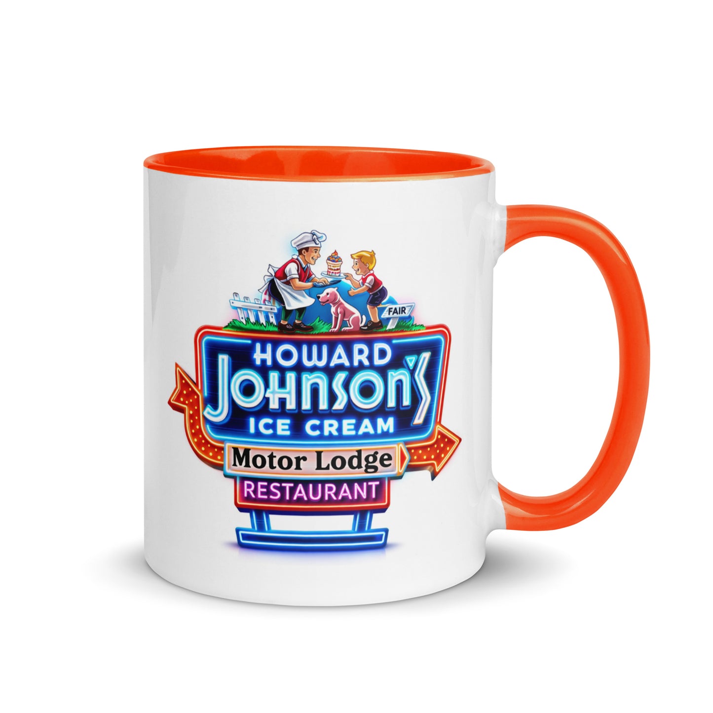 Vintage Howard Johnson's Motor Lodge Restaurant coffee mug featuring the iconic neon roadside sign artwork with orange accent handle, perfect for road trip nostalgia, motel memorabilia, and Americana collectors.