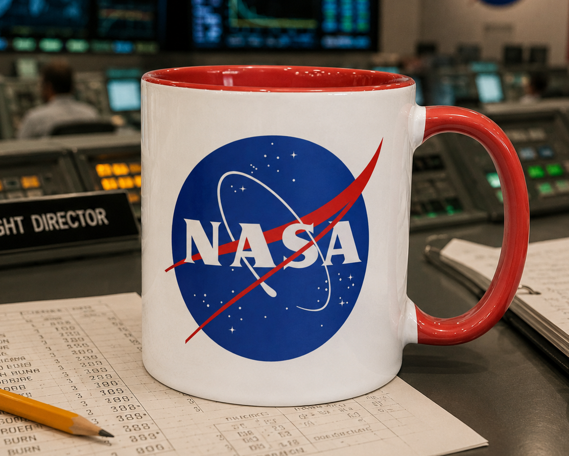 NASA 11 oz ceramic coffee mug featuring classic blue red and white meatball space agency logo with red accents