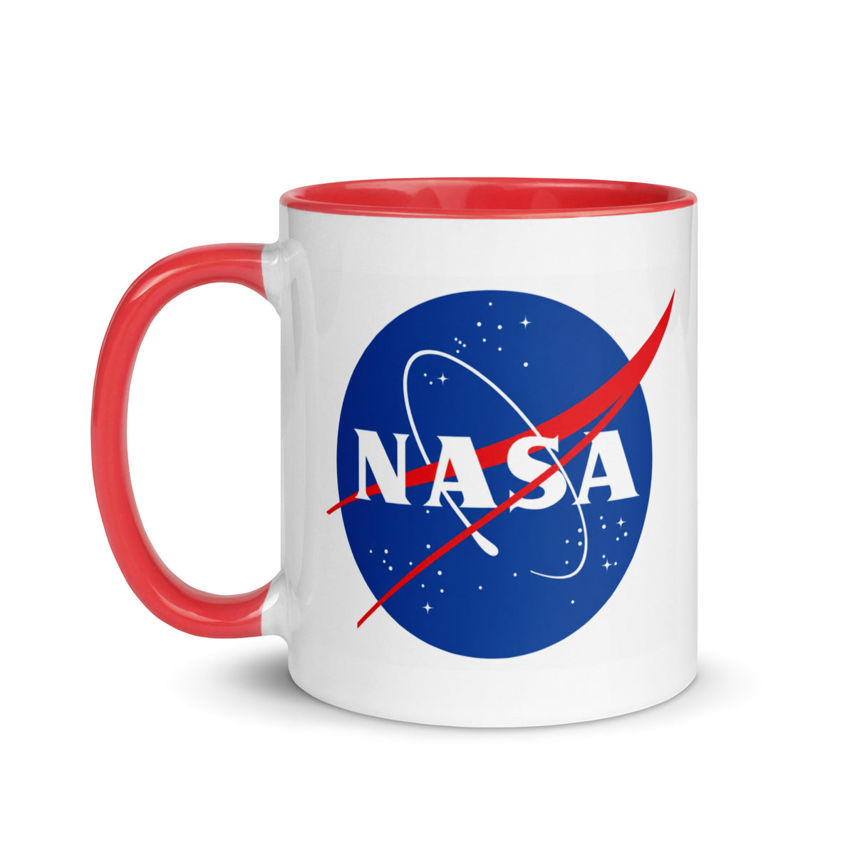 Classic NASA meatball logo coffee mug with red handle, retro space exploration design for NASA and astronomy fans