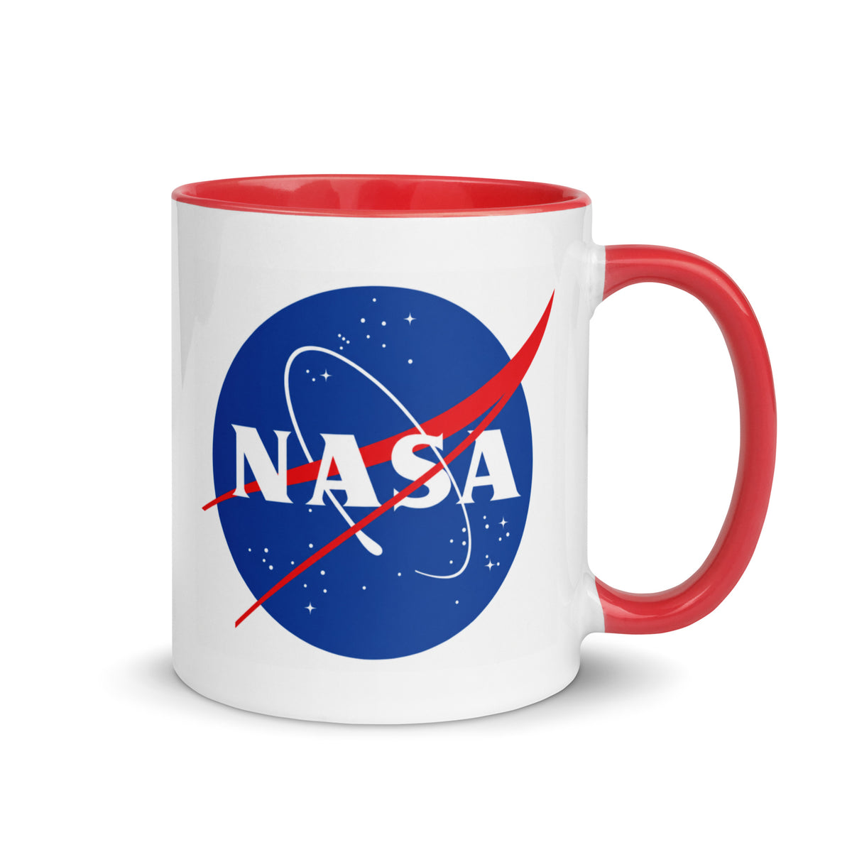 NASA logo coffee mug with classic meatball insignia, 11 oz white ceramic mug with red handle and interior
