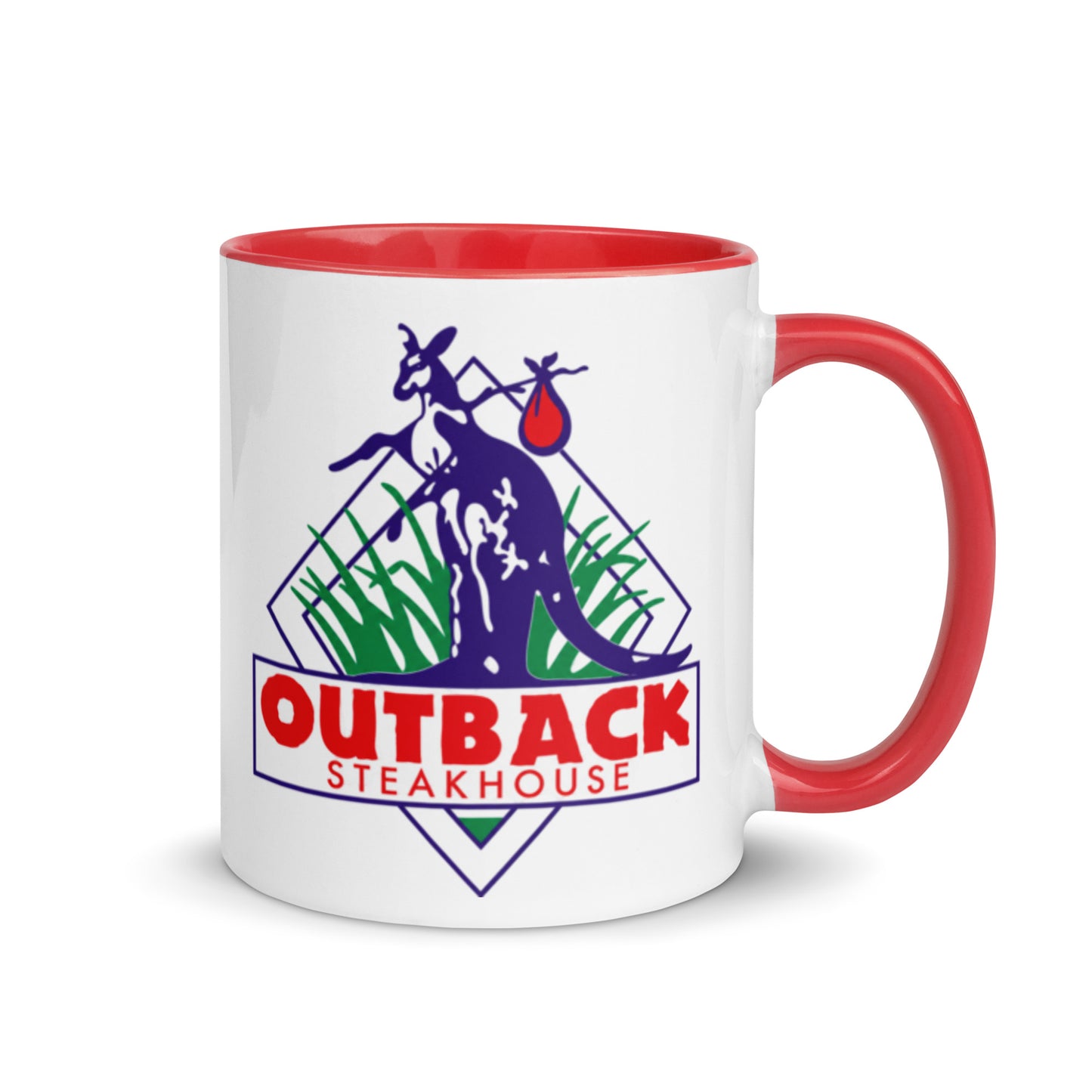 Classic Outback Steakhouse logo coffee mug featuring vintage kangaroo design on white ceramic with red handle and interior.