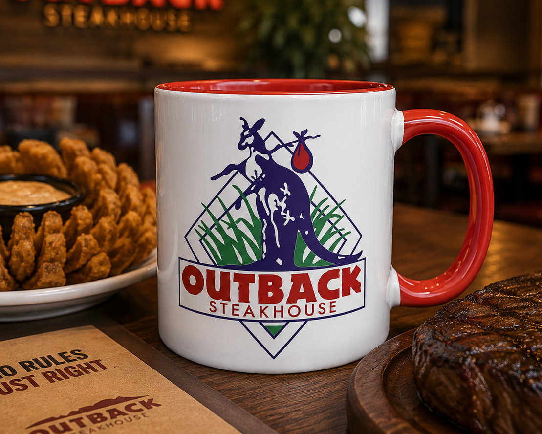 Classic Outback Steakhouse logo coffee mug featuring vintage kangaroo design on white ceramic with red handle and interior.