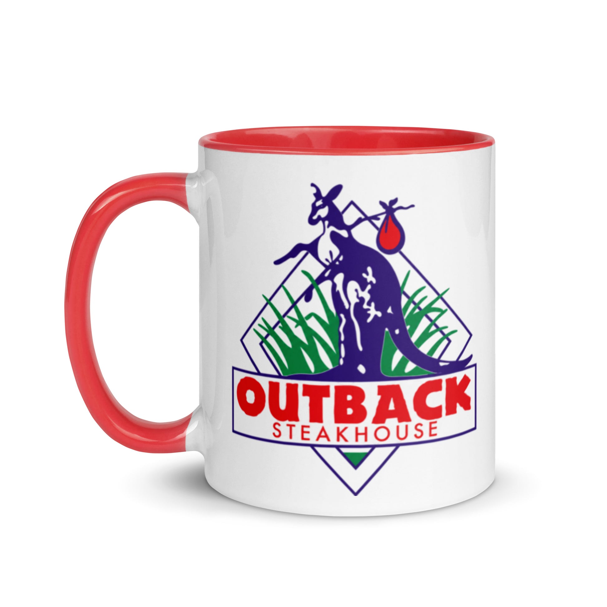 Outback Steakhouse 11 oz ceramic coffee mug with classic kangaroo restaurant logo, retro dining memorabilia and nostalgic gift.