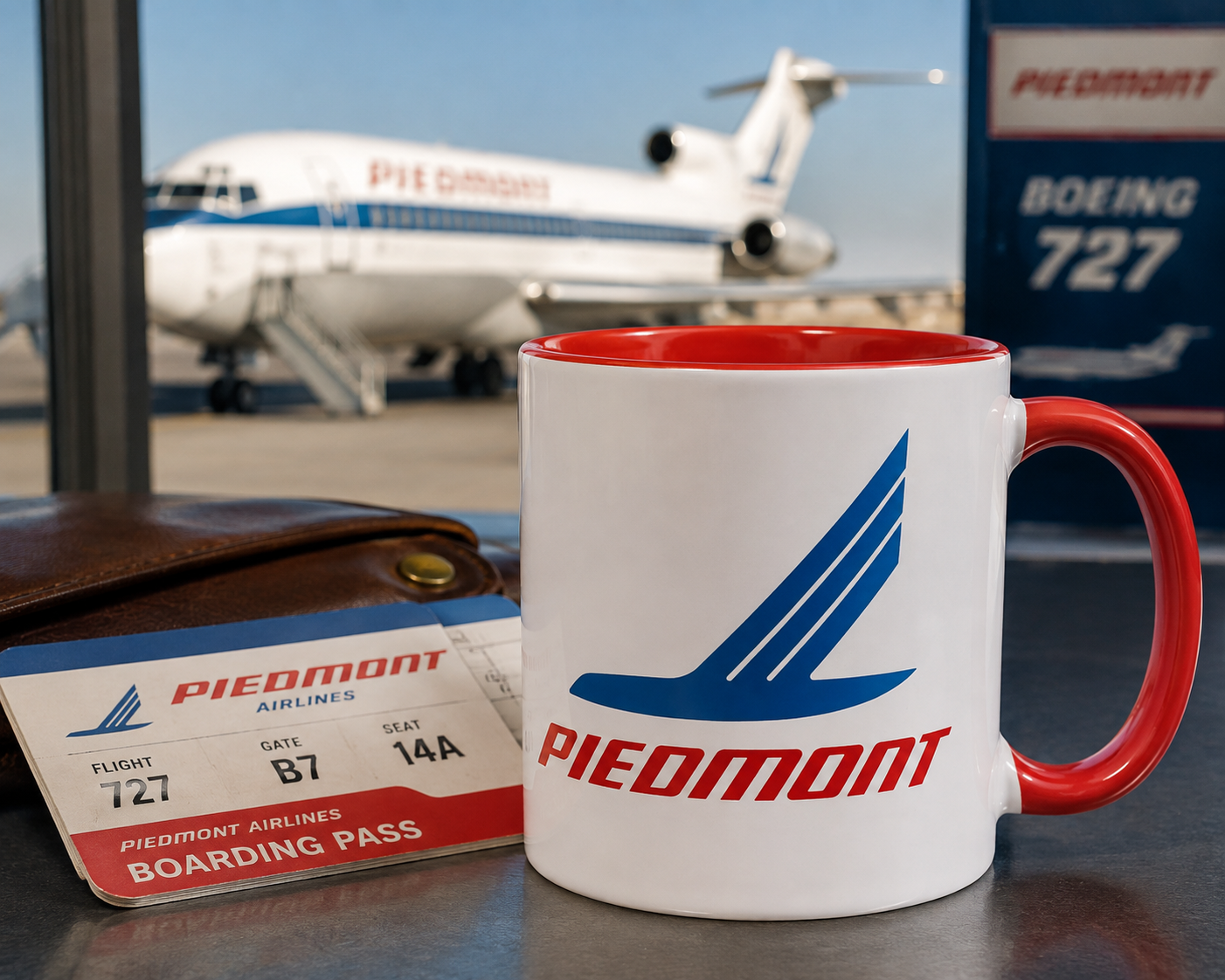 Classic Piedmont Airlines coffee mug featuring vintage blue and red airline logo on white ceramic with red accents