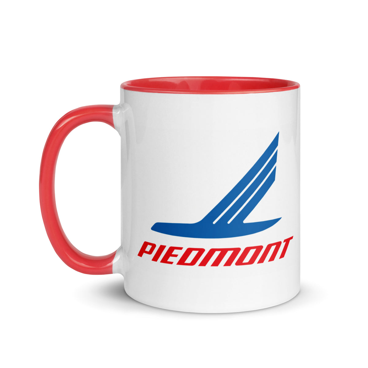 Vintage Piedmont Airlines logo coffee mug with red handle, retro aviation design for airline and travel memorabilia fans