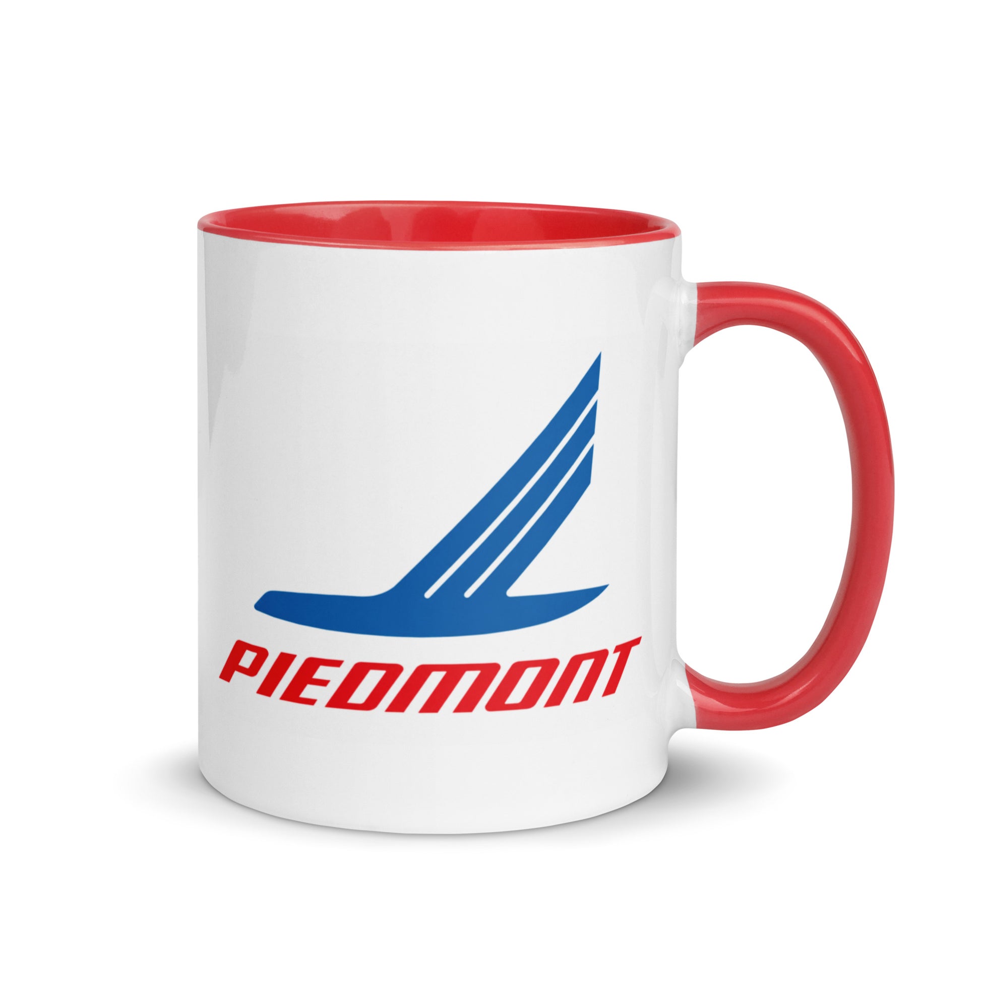 Piedmont Airlines logo 11 oz ceramic coffee mug with classic blue and red airline design, red handle and interior