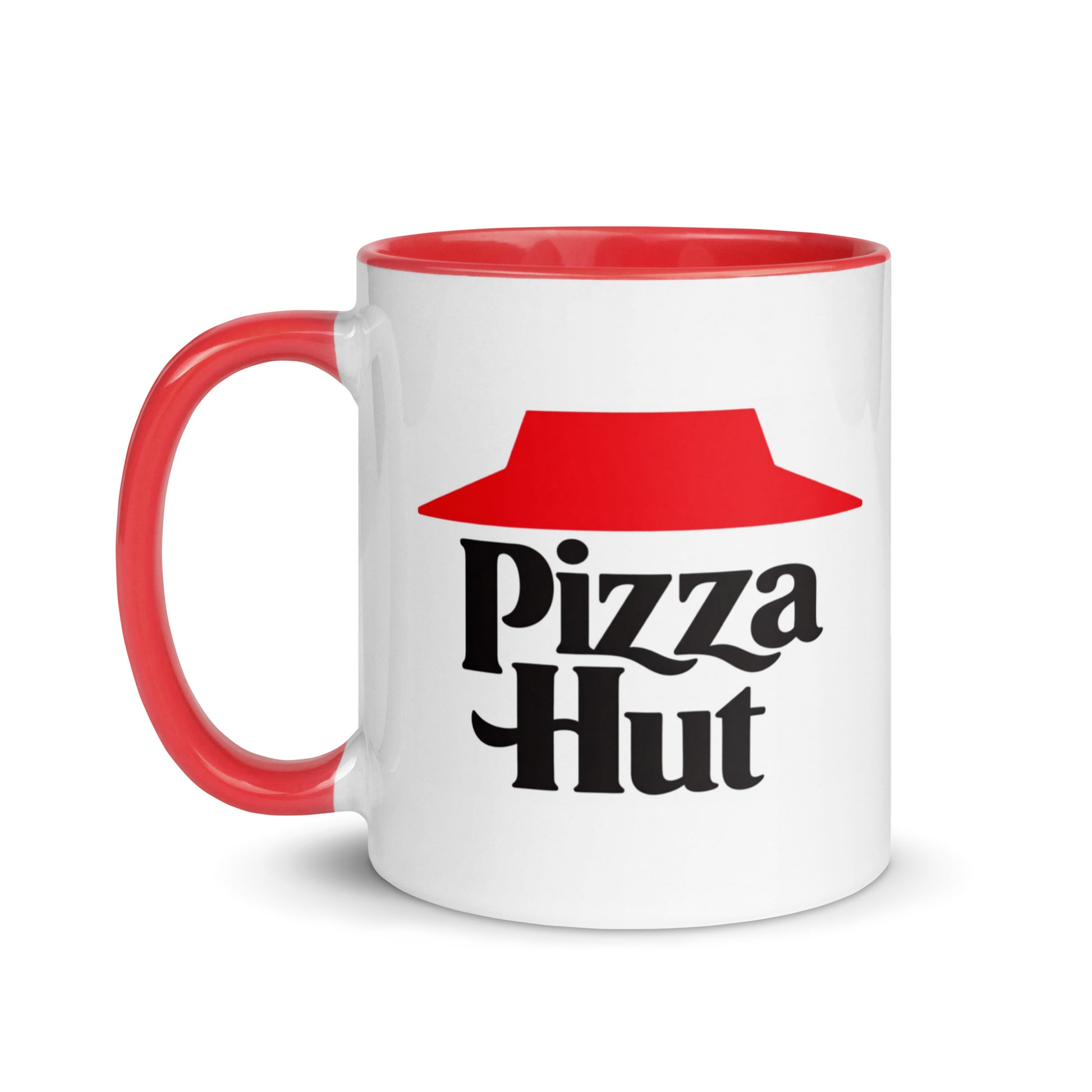 Vintage Pizza Hut logo ceramic coffee mug with the famous red roof emblem, white exterior, and red accent handle, an ideal gift for Pizza Hut fans and retro fast-food collectors.