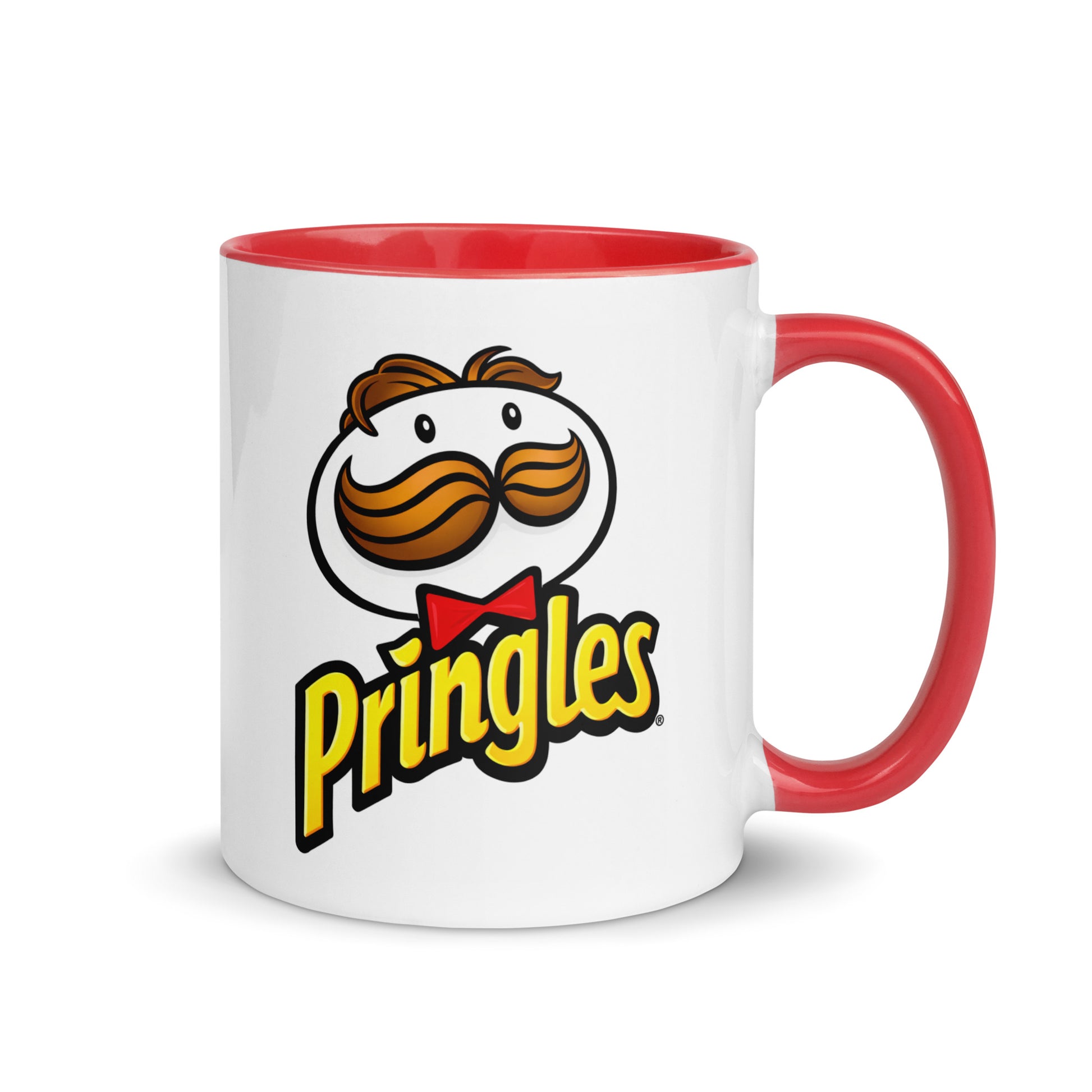 Classic Pringles logo coffee mug featuring the iconic mustached mascot on a premium white ceramic mug with a red handle and interior, perfect for snack lovers and retro brand collectors.