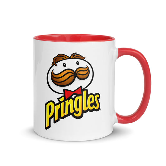 Classic Pringles logo coffee mug featuring the iconic mustached mascot on a premium white ceramic mug with a red handle and interior, perfect for snack lovers and retro brand collectors.