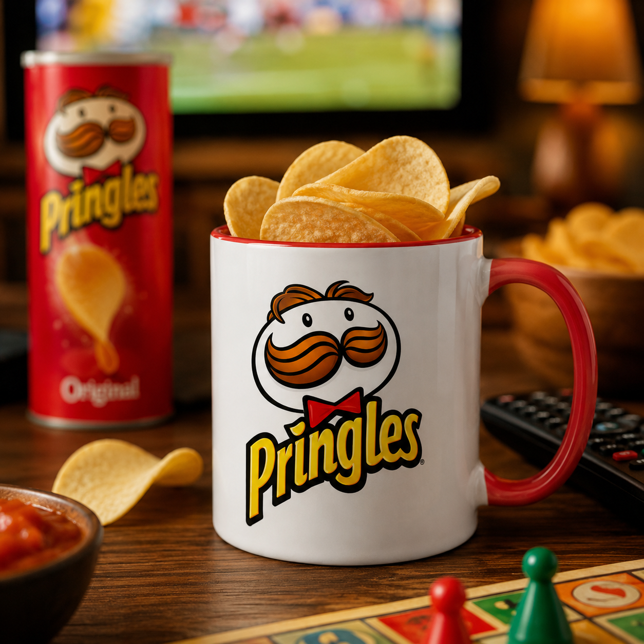 Classic Pringles logo coffee mug featuring the iconic mustached mascot on a premium white ceramic mug with a red handle and interior, perfect for snack lovers and retro brand collectors.