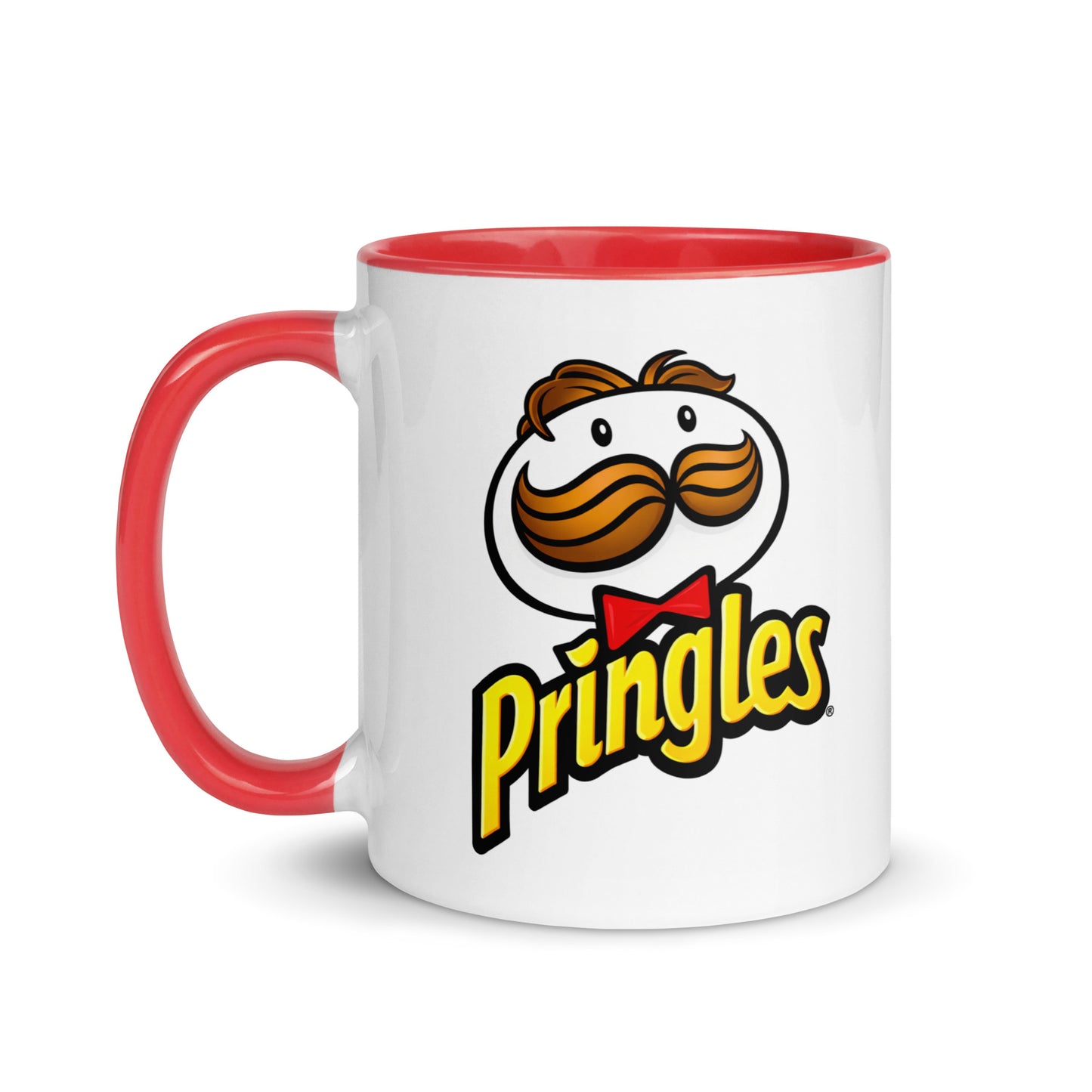 Retro Pringles ceramic coffee mug with the famous Pringles mascot and logo, white exterior with red accent handle, ideal gift for chip lovers, food brand fans, and nostalgic kitchen decor enthusiasts.