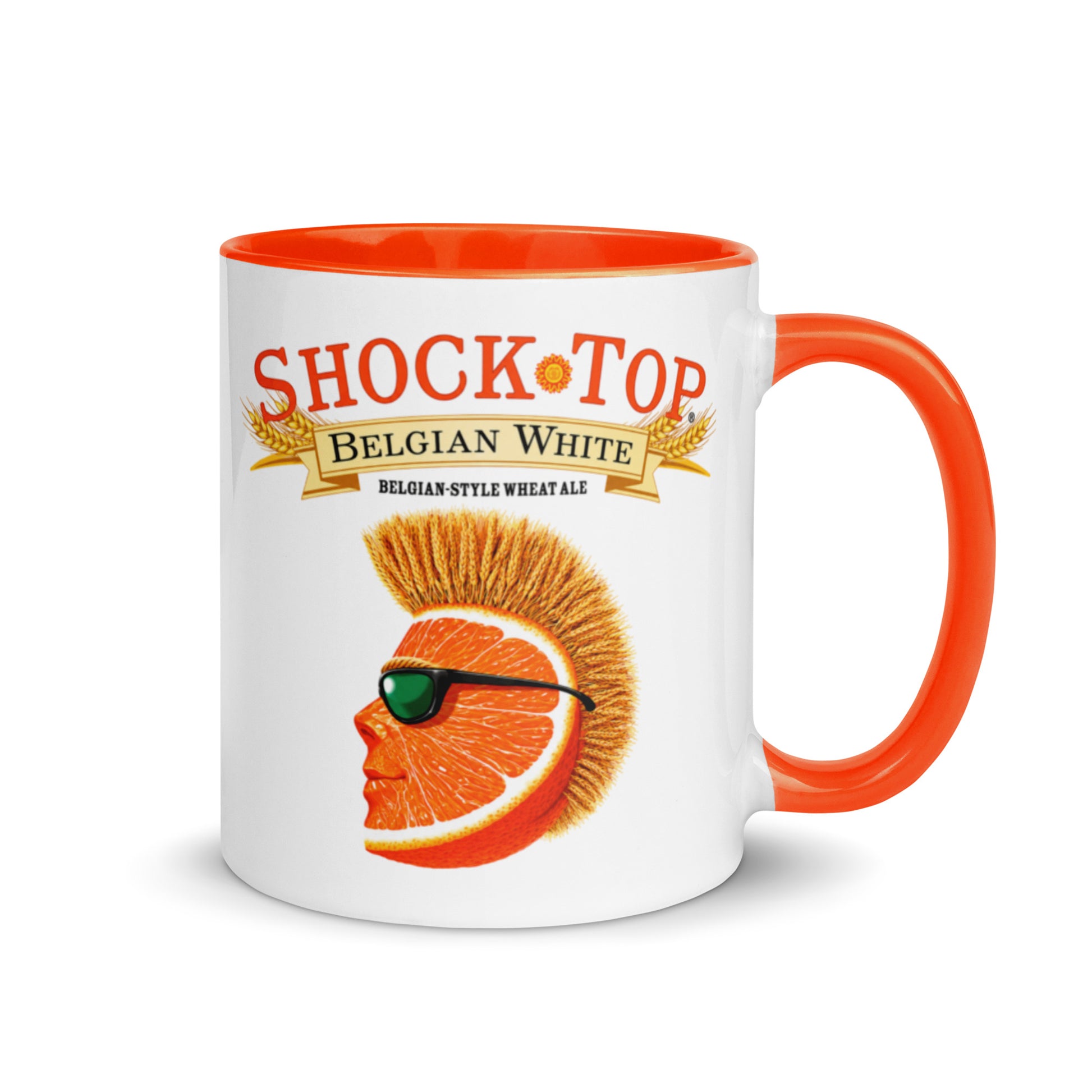 Shock Top Belgian White coffee mug featuring classic orange mohawk logo on white ceramic with bright orange handle and interior.