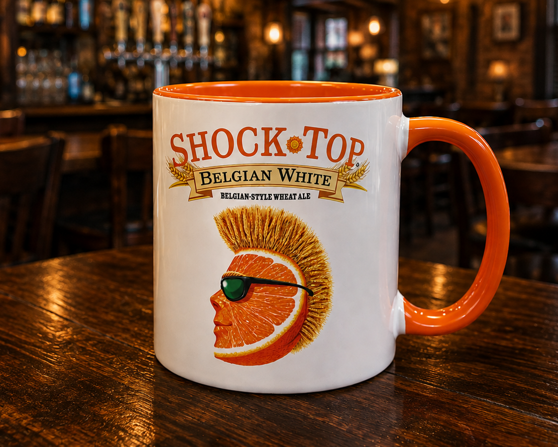 Shock Top Belgian White coffee mug featuring classic orange mohawk logo on white ceramic with bright orange handle and interior.