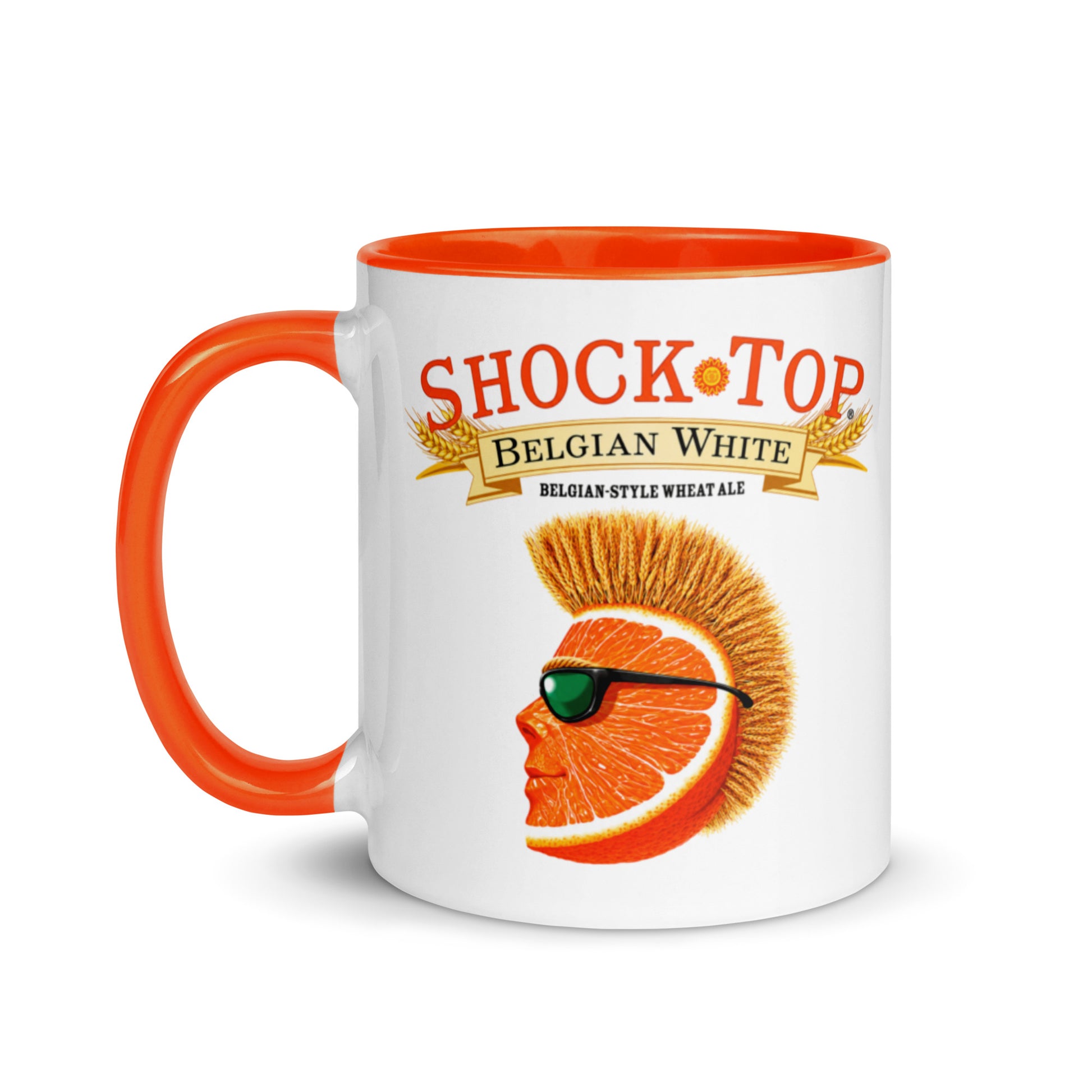 Classic Shock Top Belgian White 11 oz ceramic coffee mug with iconic orange slice logo, retro beer brand collectible and barware gift.