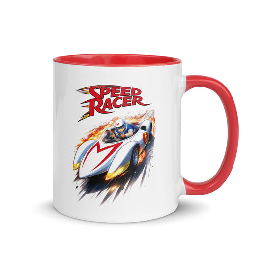 Speed Racer coffee mug featuring classic Mach 5 race car artwork, 11 oz white ceramic mug with red handle and interior