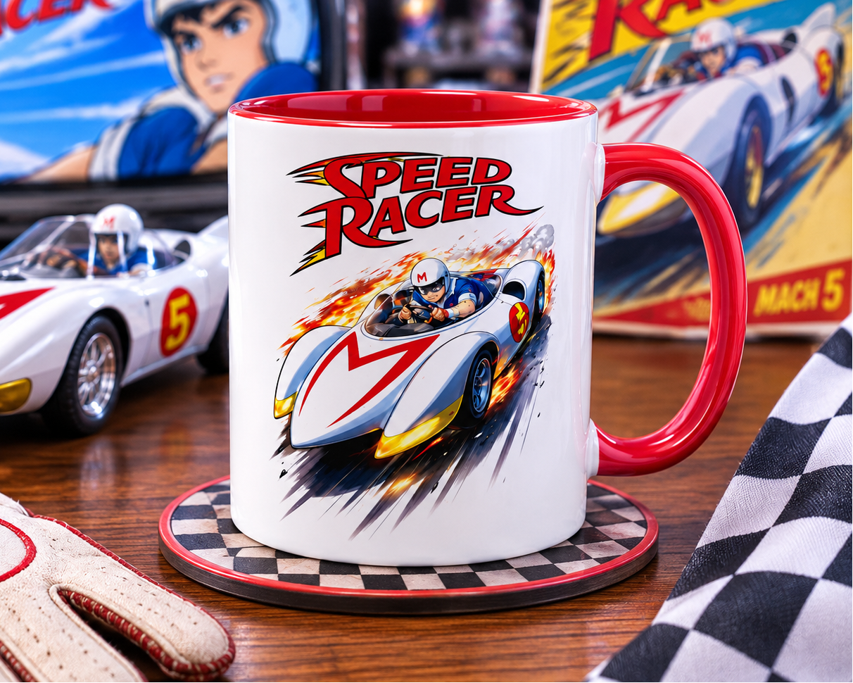 Speed Racer 11 oz ceramic coffee mug with iconic Mach 5 racing car design and red accent handle and interior