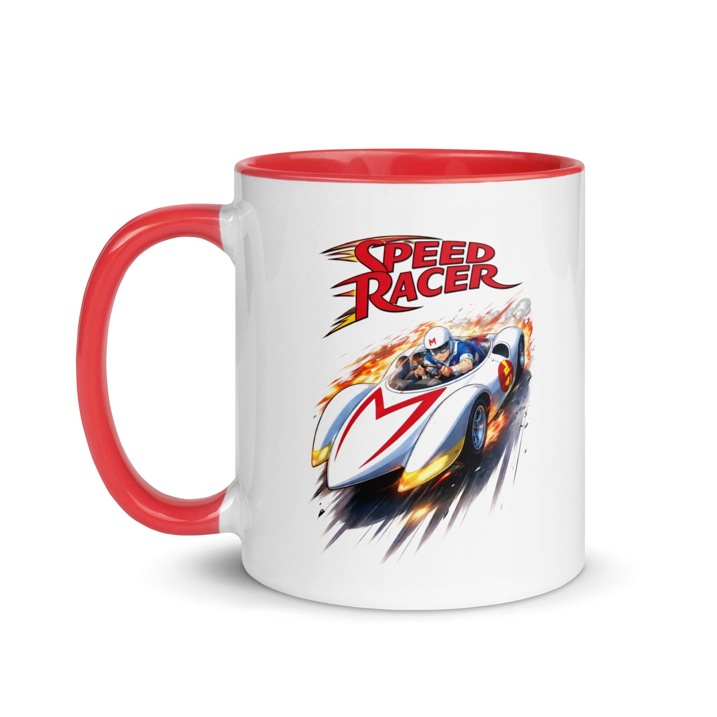 Retro Speed Racer coffee mug featuring Mach 5 race car artwork, nostalgic racing gift for classic cartoon and anime fans