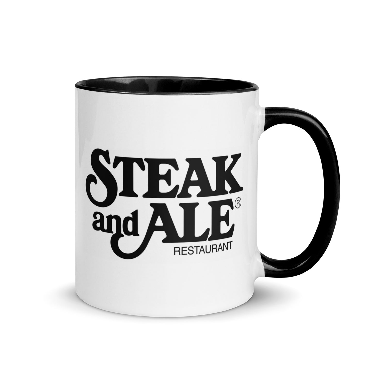 Steak & Ale logo coffee mug with black handle and vintage restaurant design, nostalgic gift for steakhouse fans and retro restaurant collectors.