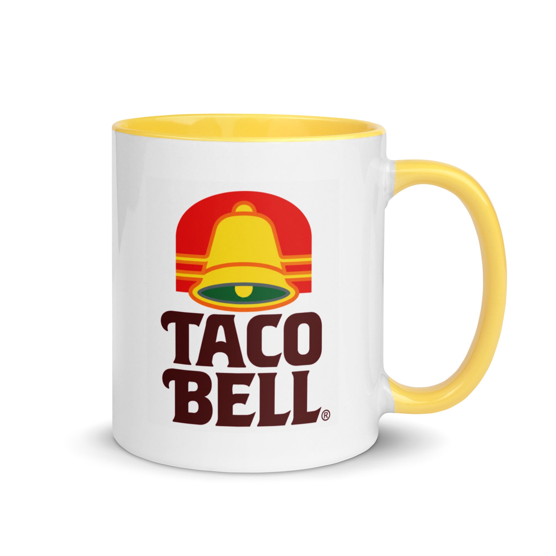 Vintage Taco Bell logo coffee mug with yellow handle and interior, featuring the classic bell design, perfect for fast food collectors, restaurant memorabilia fans, and retro kitchen décor.