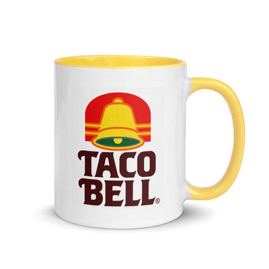 Vintage Taco Bell logo coffee mug with yellow handle and interior, featuring the classic bell design, perfect for fast food collectors, restaurant memorabilia fans, and retro kitchen décor.