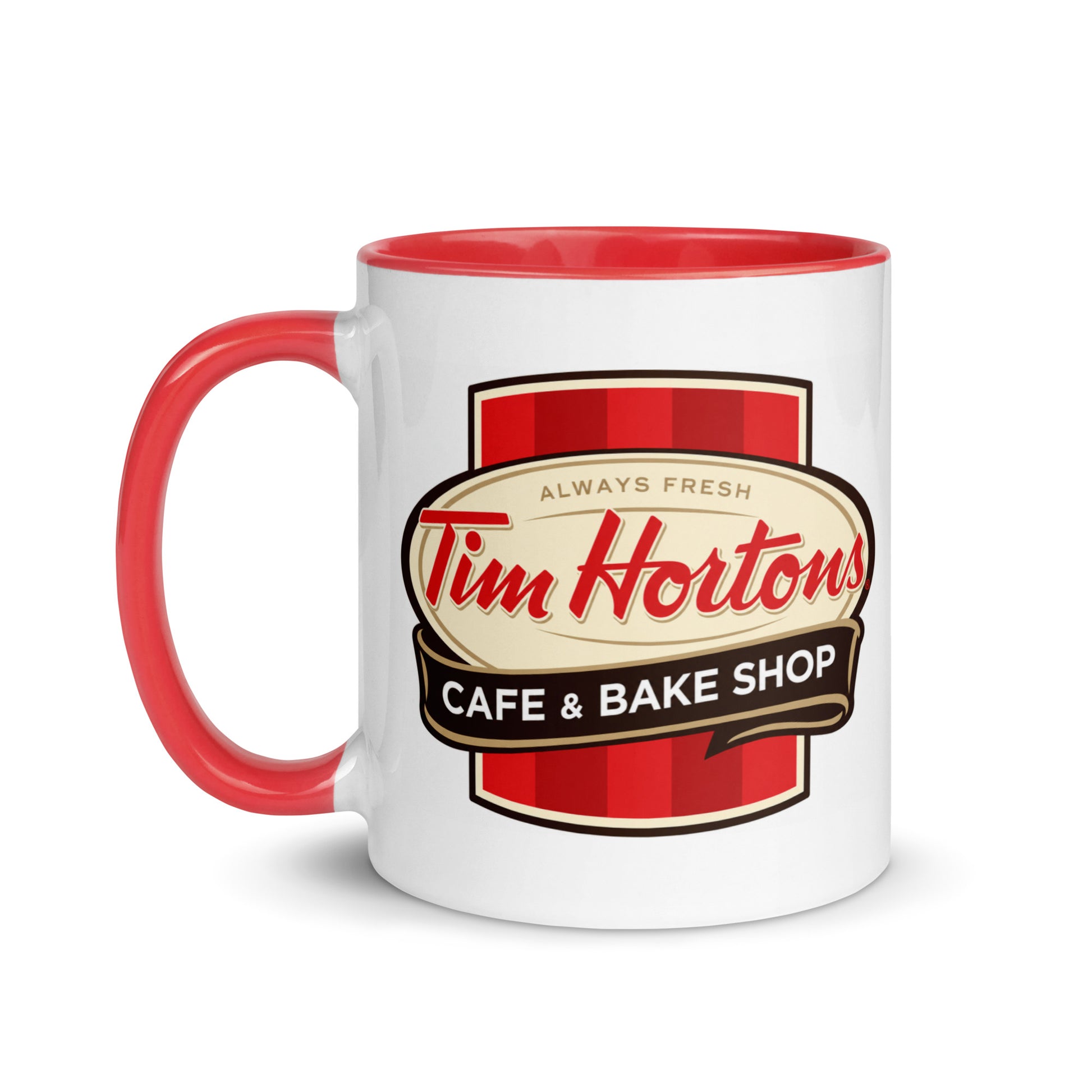 Vintage Tim Hortons coffee mug with classic Always Fresh Café & Bake Shop logo, white ceramic body and red accents, ideal for coffee shop memorabilia and nostalgic brand collectors.