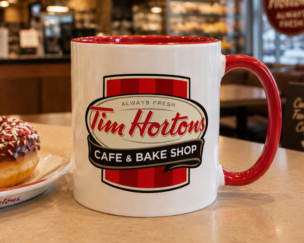 Classic Tim Hortons Café & Bake Shop logo coffee mug featuring the retro Always Fresh design on a white ceramic mug with red handle and interior.