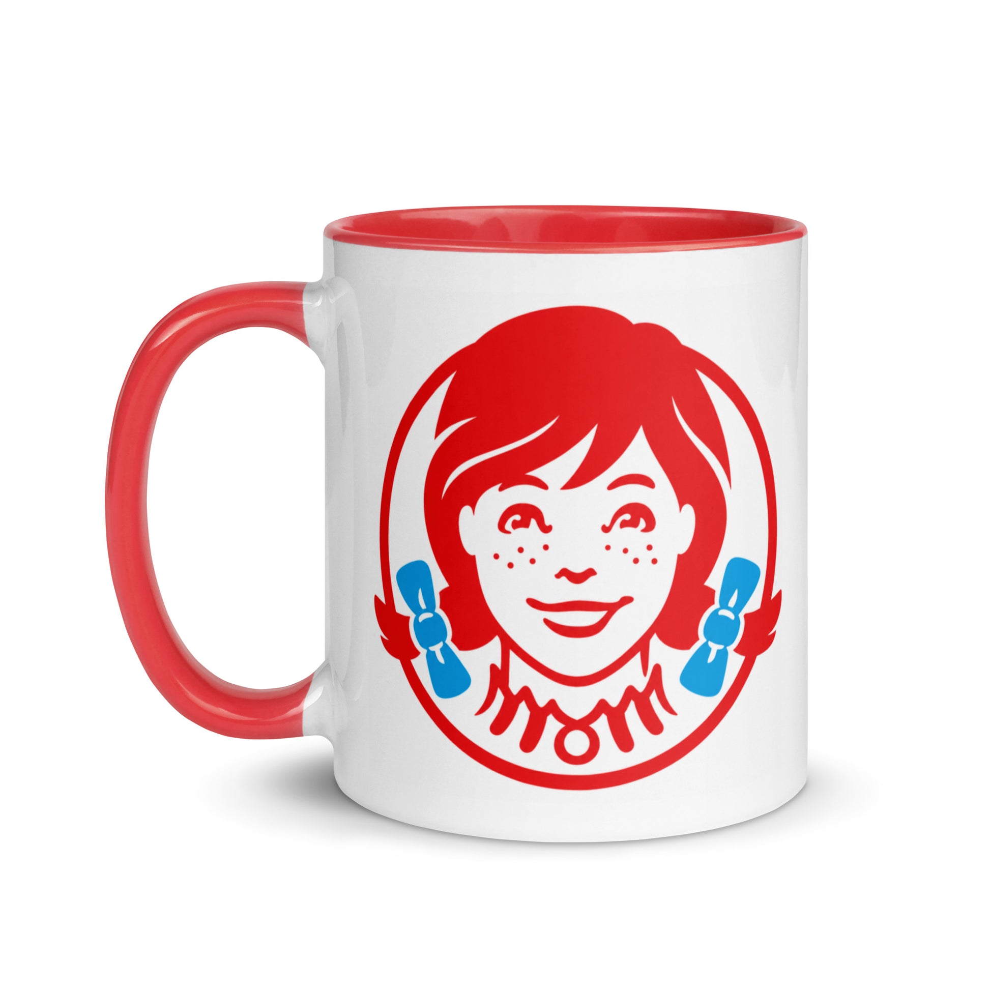 Wendy's Girl coffee mug featuring classic restaurant logo artwork with red handle and interior on glossy white ceramic mug.