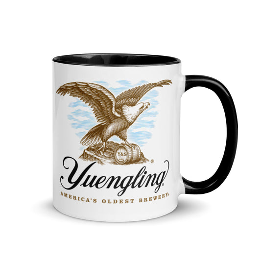 Classic Yuengling coffee mug featuring America’s Oldest Brewery eagle logo on white ceramic with black handle and interior.