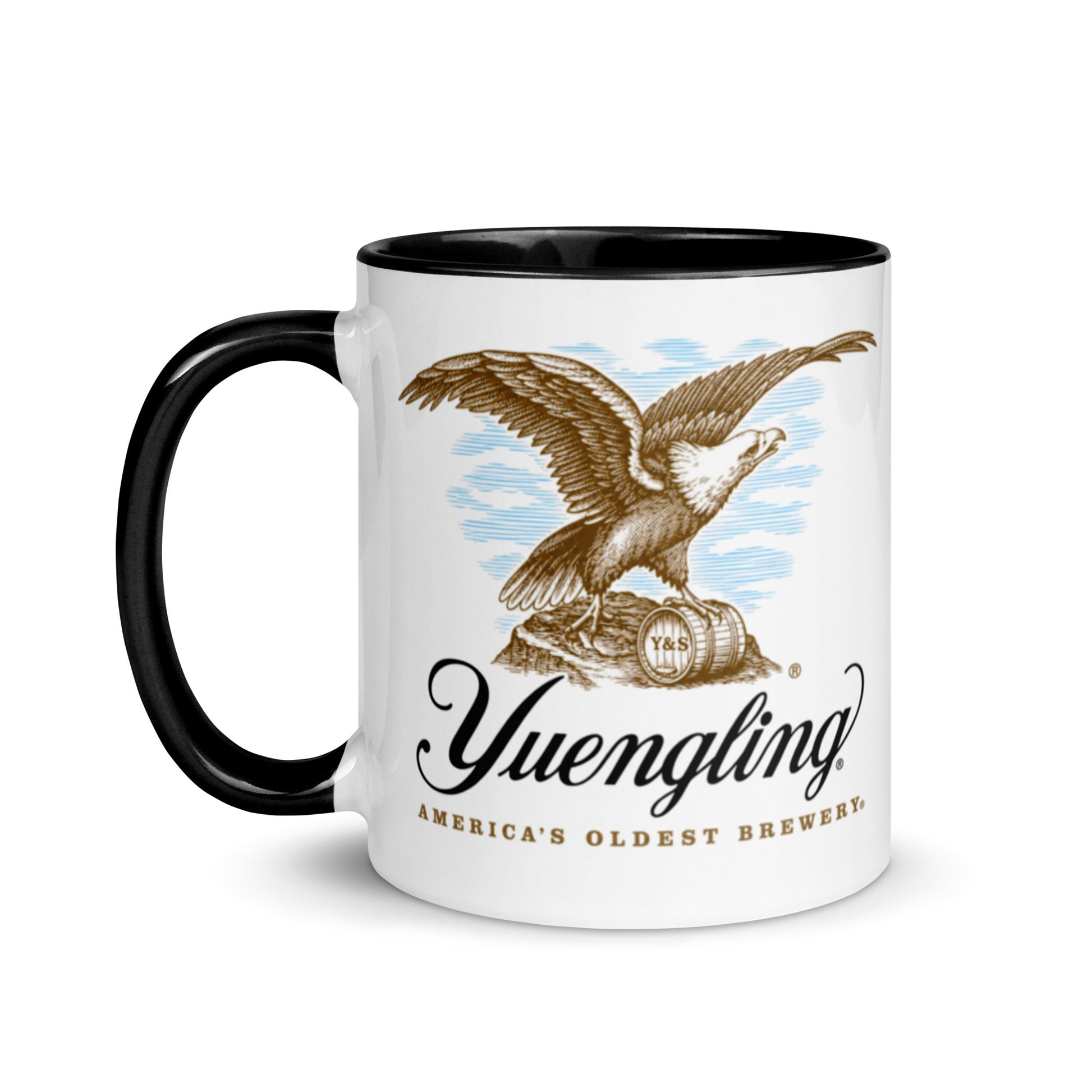 Yuengling 11 oz ceramic coffee mug with classic eagle and barrel brewery logo, nostalgic beer memorabilia and collectible barware gift.
