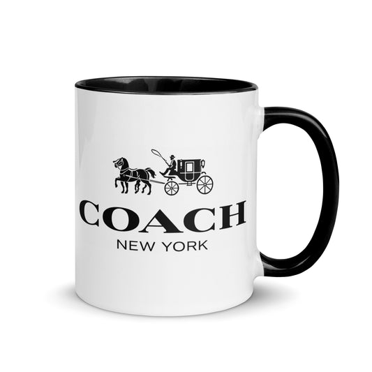 Classic Coach New York logo coffee mug featuring the iconic horse and carriage emblem, perfect for luxury fashion enthusiasts, Coach collectors, and stylish coffee lovers.