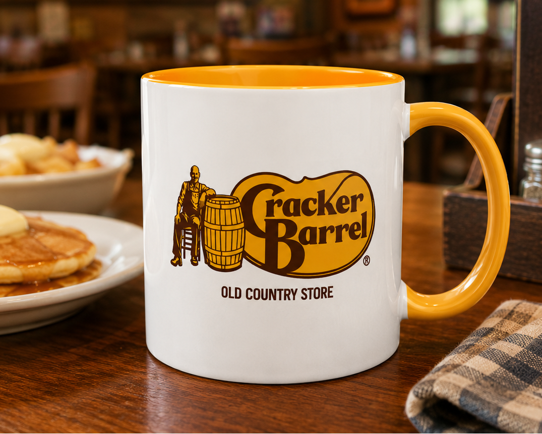 Cracker Barrel Old Country Store logo coffee mug featuring classic restaurant branding on a white ceramic mug with yellow handle and interior, perfect for country restaurant fans and collectors.