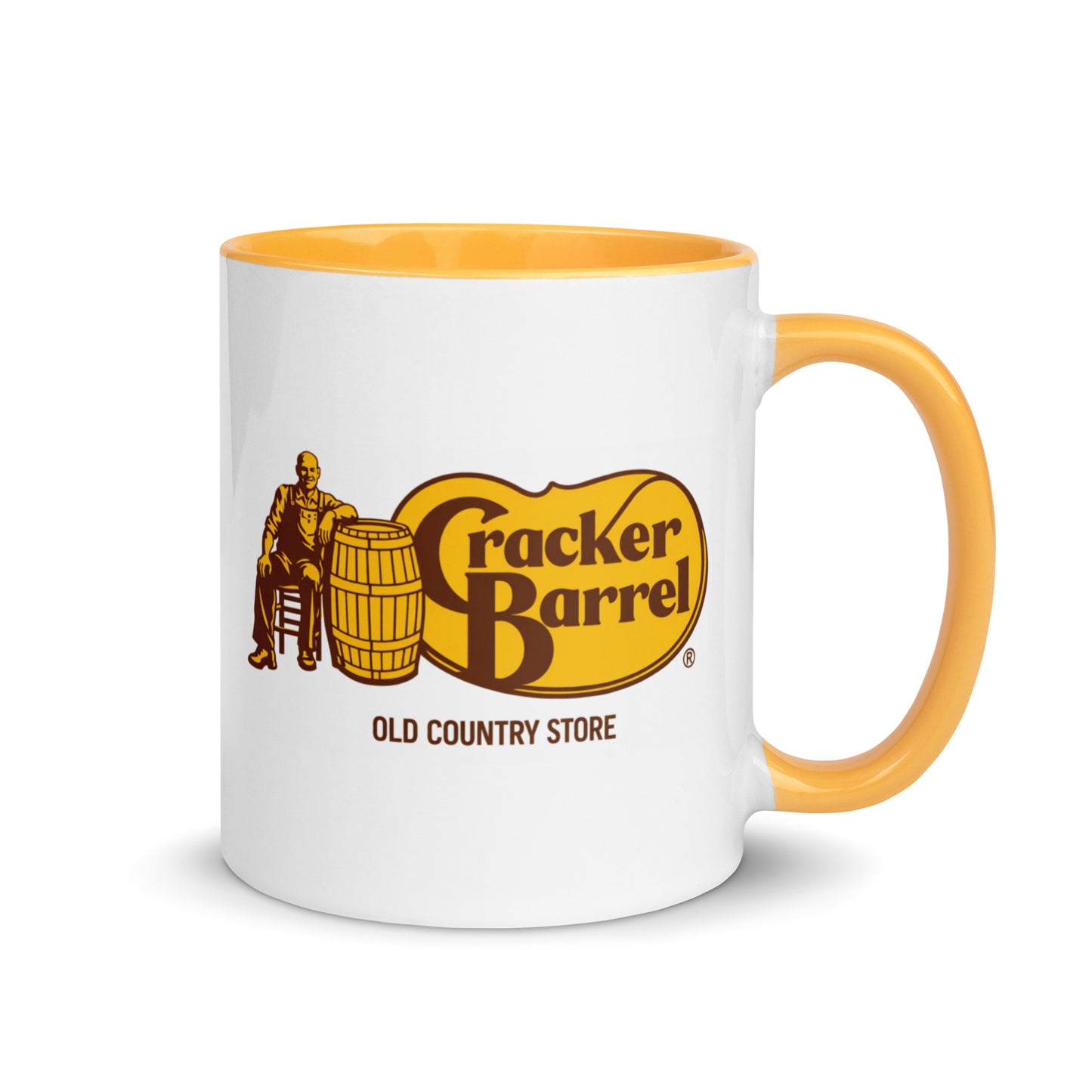 Cracker Barrel Old Country Store logo coffee mug featuring classic restaurant branding on a white ceramic mug with yellow handle and interior, perfect for country restaurant fans and collectors.