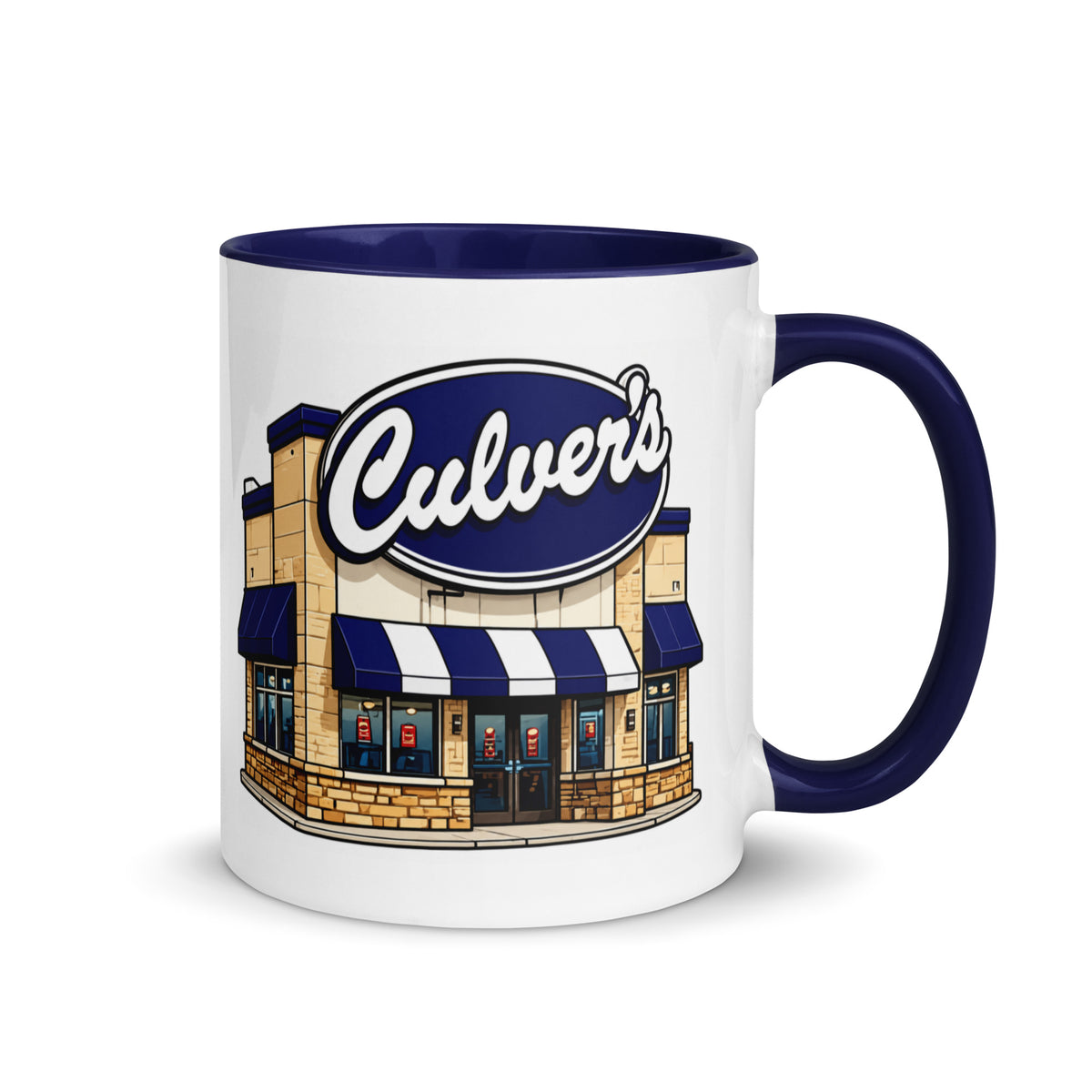 Culver’s 11 oz coffee mug with classic restaurant logo and storefront design with blue handle