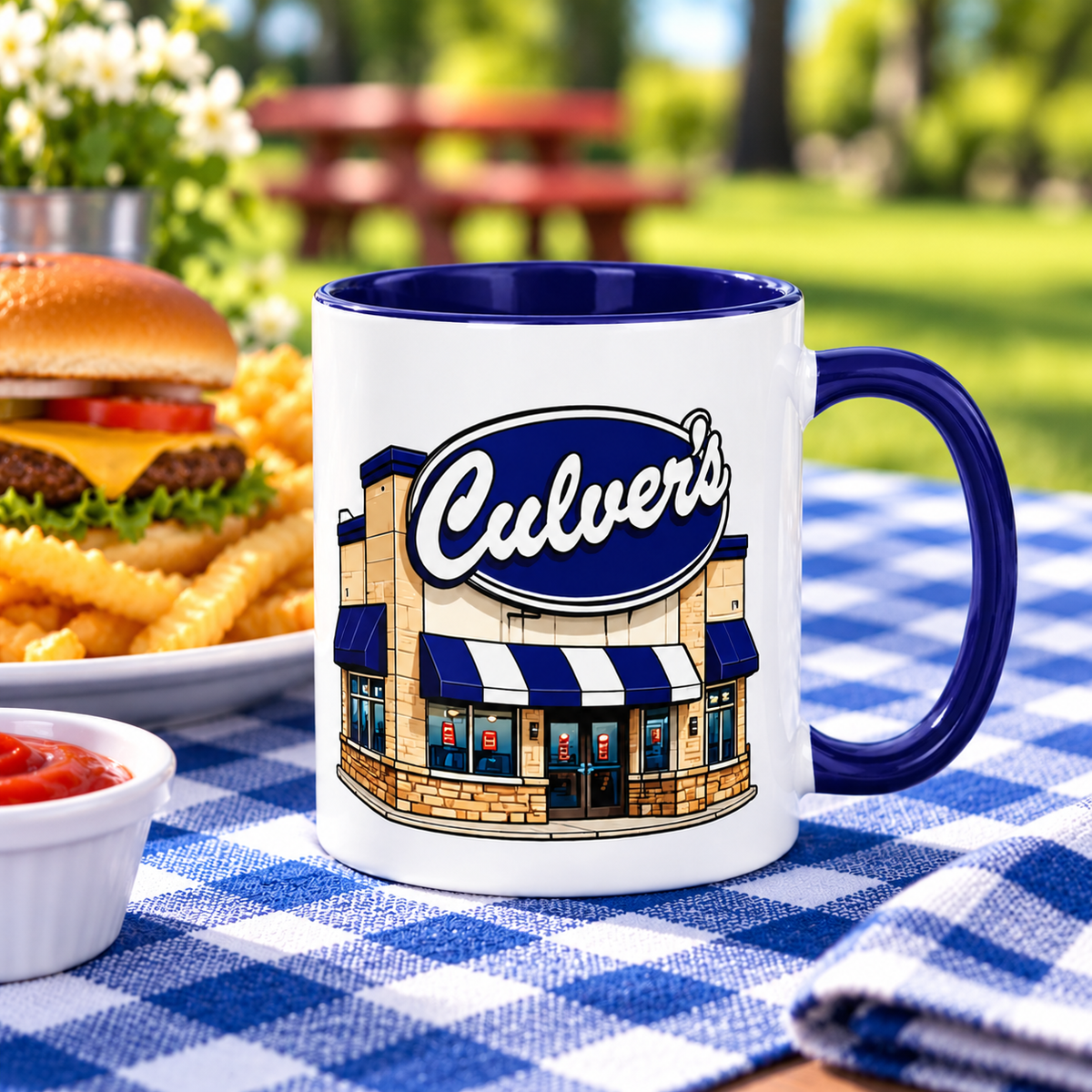 Culver’s coffee mug featuring blue restaurant logo and classic storefront artwork on white ceramic 11 oz mug