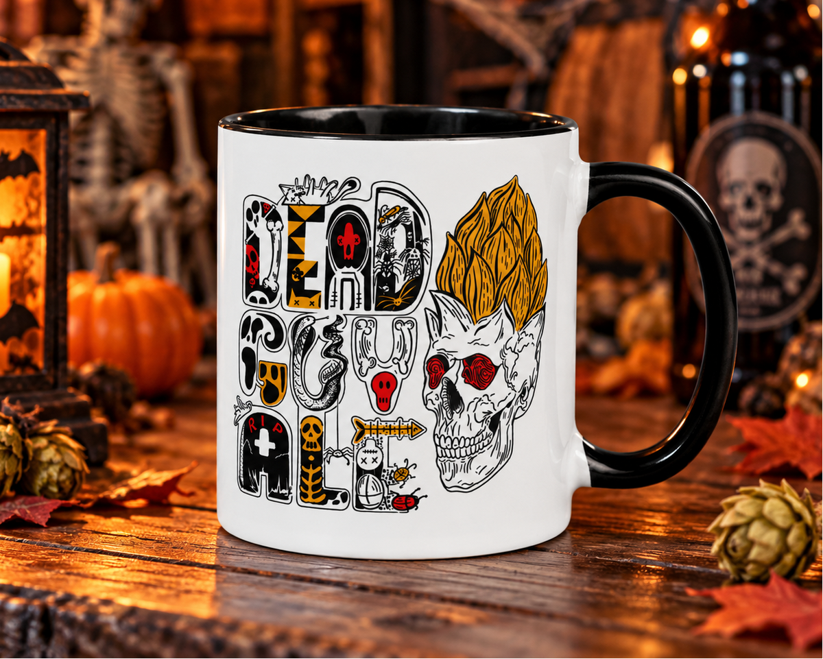 Halloween Dead Guy Ale ceramic coffee mug featuring skull, skeleton and orange hops design with black accents