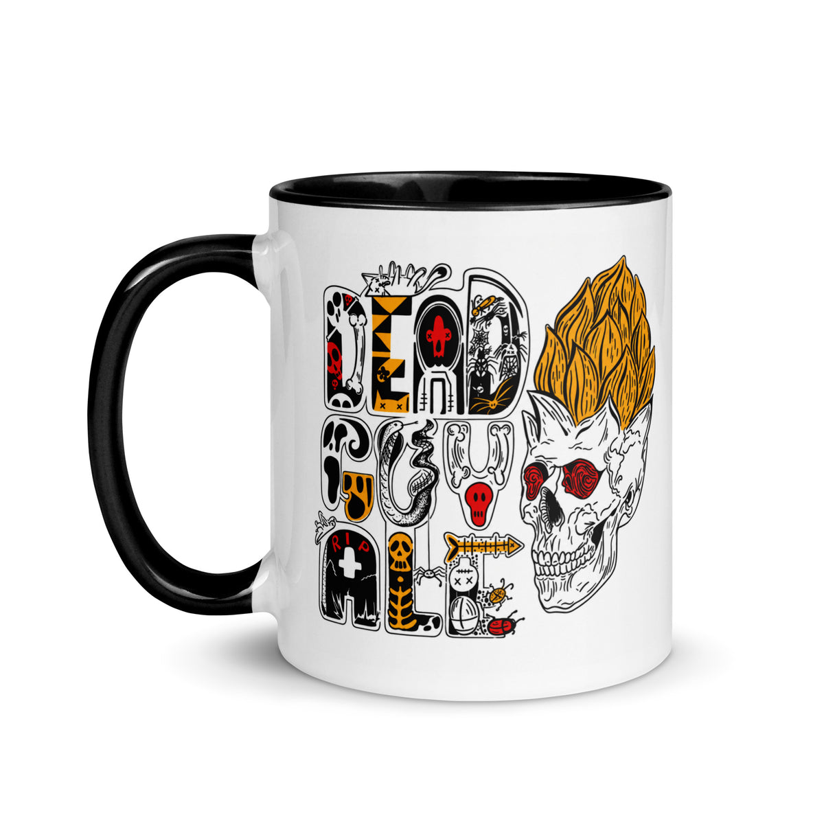 Dead Guy Ale Halloween coffee mug with spooky skull artwork, hops, skeleton graphics and black handle