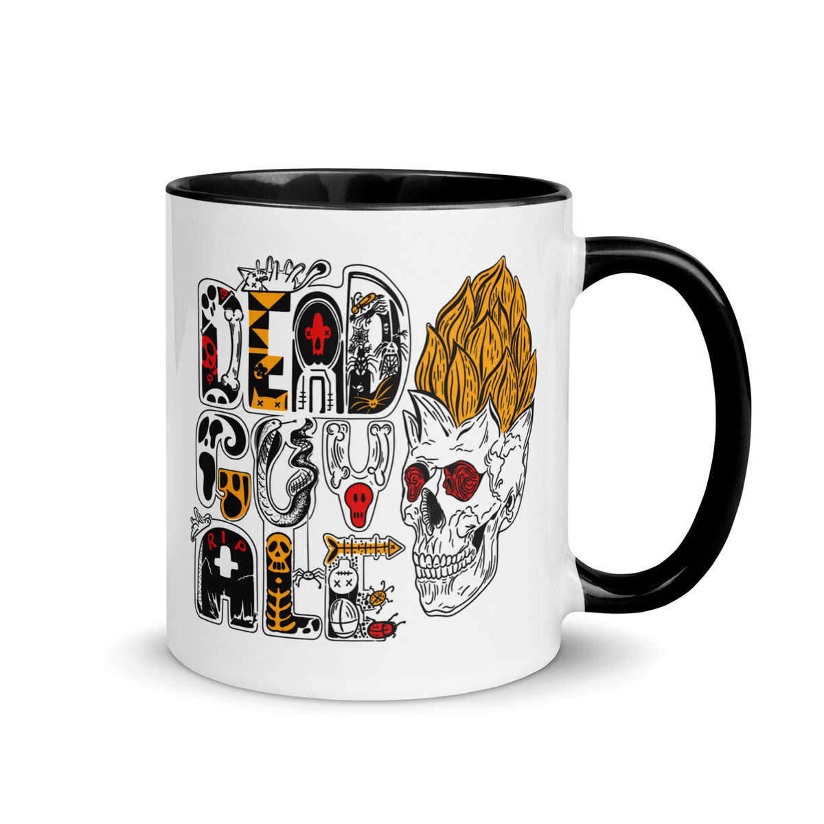 Dead Guy Ale Halloween 11 oz coffee mug with skull and hops artwork, black handle and black interior