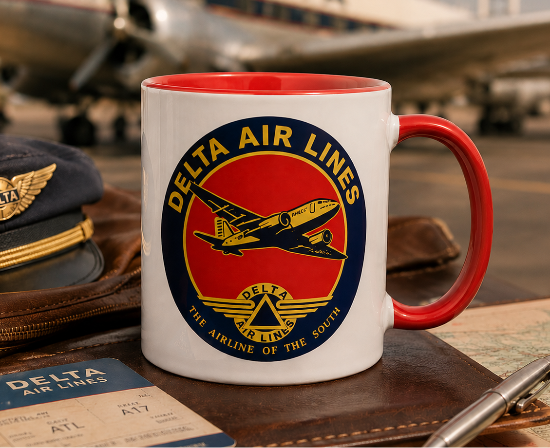 Vintage Delta Air Lines coffee mug featuring the classic “Airline of the South” logo and retro jet aircraft artwork, perfect for aviation enthusiasts, airline memorabilia collectors, pilots, and travelers.