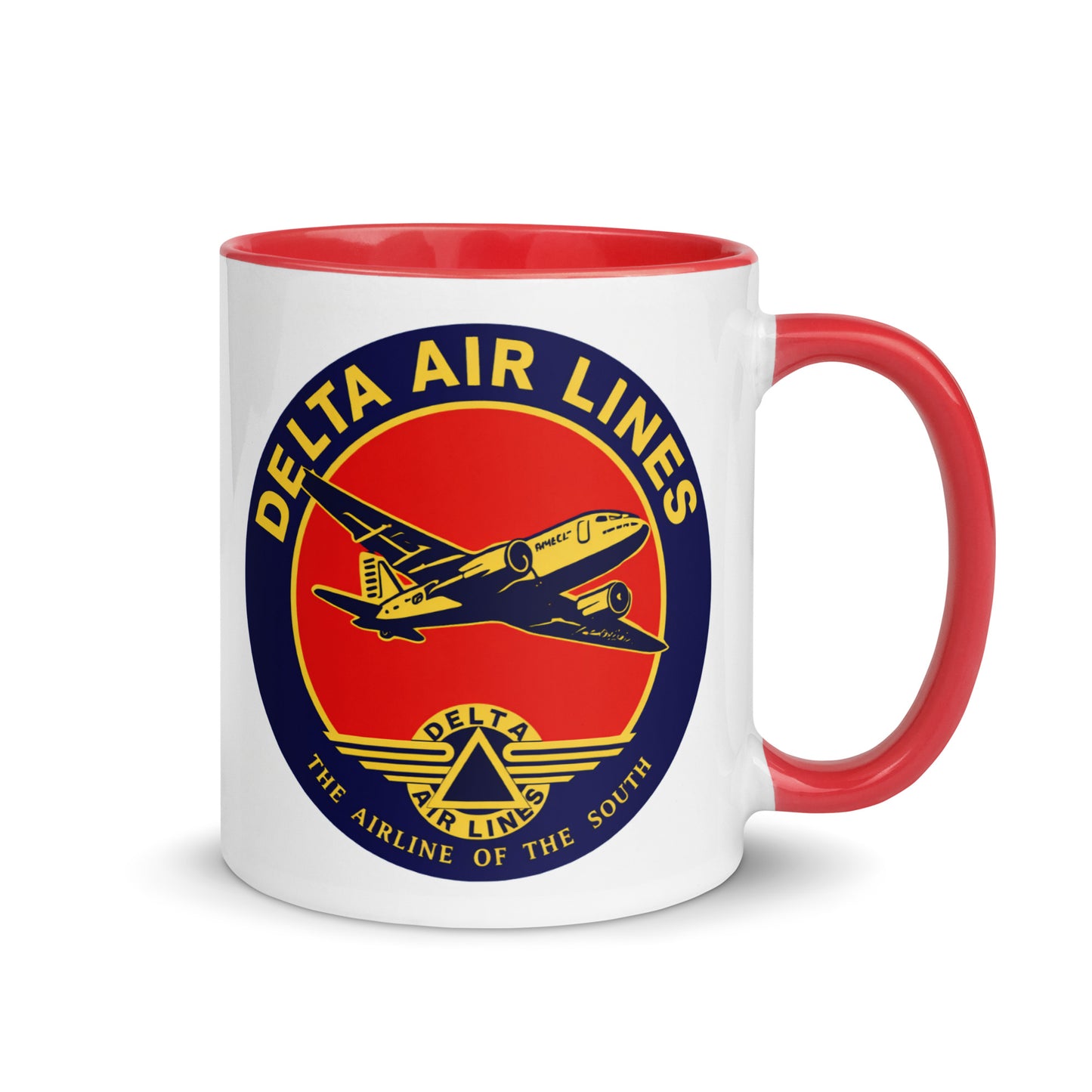 Vintage Delta Air Lines coffee mug featuring the classic “Airline of the South” logo and retro jet aircraft artwork, perfect for aviation enthusiasts, airline memorabilia collectors, pilots, and travelers.