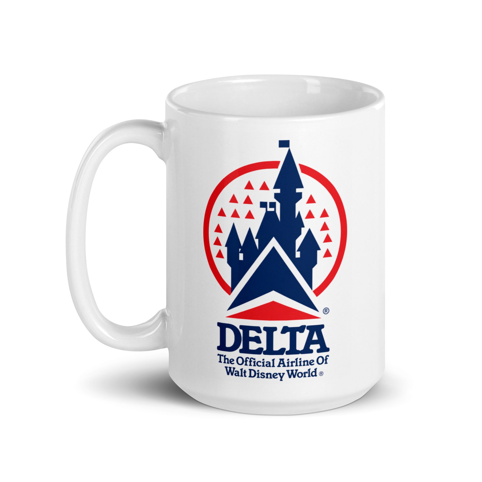 Retro Delta Air Lines ceramic coffee mug with Walt Disney World castle logo design, perfect for airline collectors, frequent travelers, and vintage Disney memorabilia lovers.