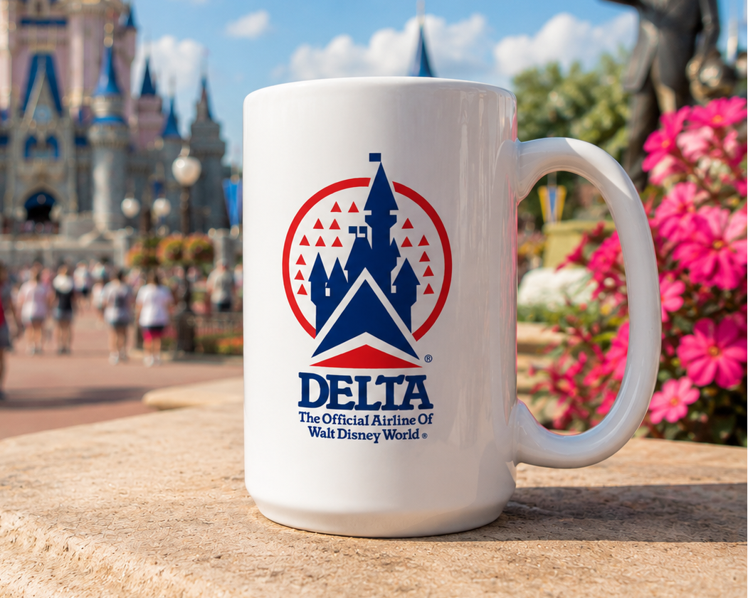 Vintage Delta Air Lines Walt Disney World coffee mug featuring classic airline and castle logo artwork, collectible travel memorabilia for aviation enthusiasts and Disney fans.