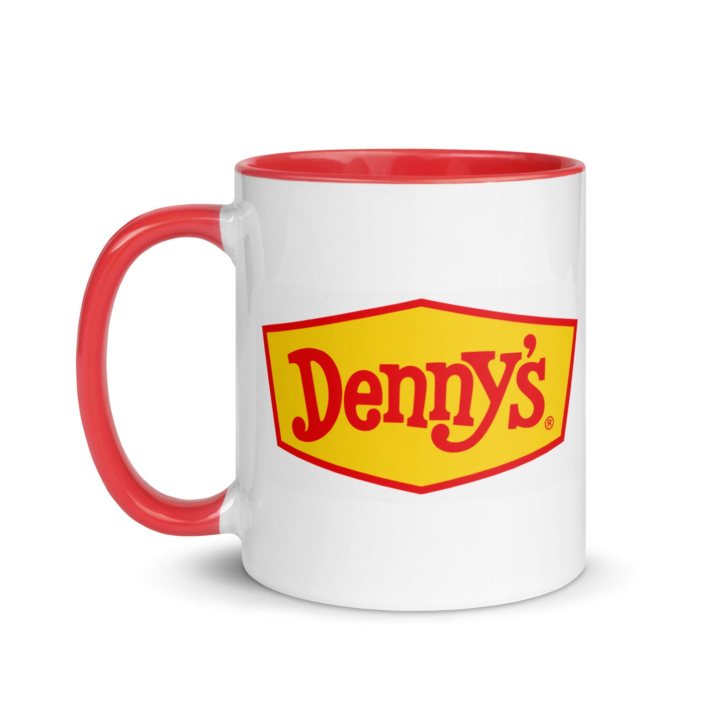 Denny's diner logo ceramic coffee mug with the classic vintage restaurant sign design, novelty gift for breakfast lovers, roadside diner enthusiasts, and Americana memorabilia collectors.