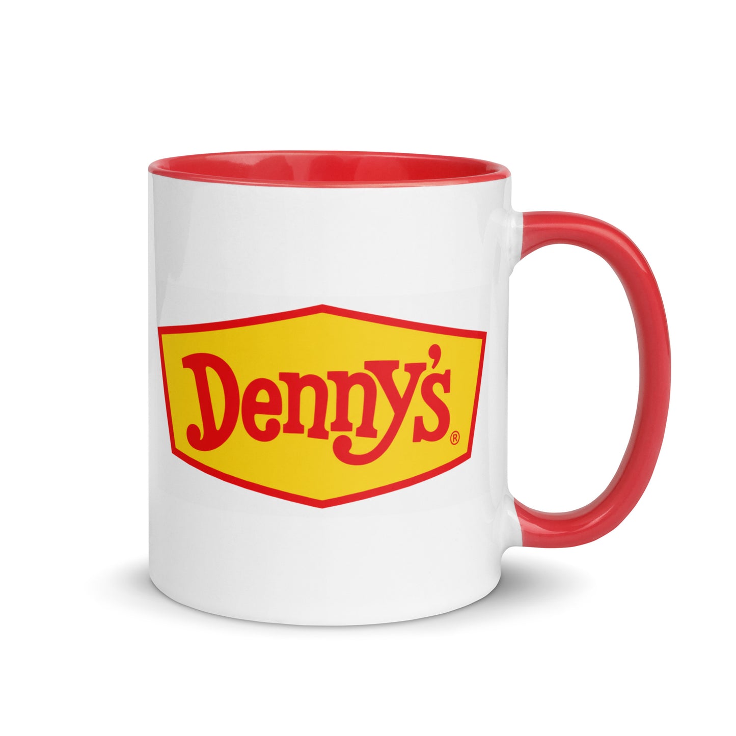 Denny's classic sign logo coffee mug featuring the iconic yellow and red Denny's restaurant logo on a white ceramic mug with red handle and interior, perfect for diner fans and nostalgic restaurant collectors.