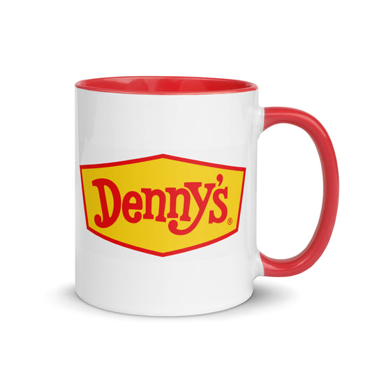 Denny's classic sign logo coffee mug featuring the iconic yellow and red Denny's restaurant logo on a white ceramic mug with red handle and interior, perfect for diner fans and nostalgic restaurant collectors.