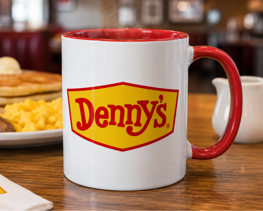 Denny's classic sign logo coffee mug featuring the iconic yellow and red Denny's restaurant logo on a white ceramic mug with red handle and interior, perfect for diner fans and nostalgic restaurant collectors.