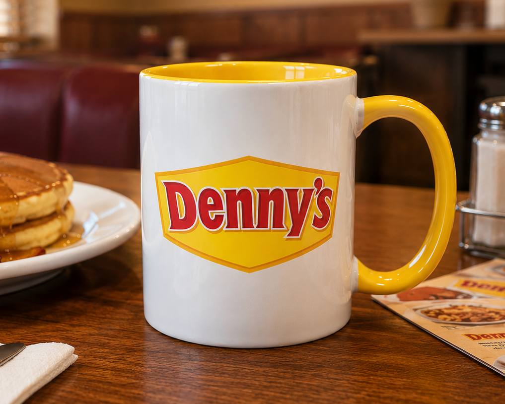 Denny's themed coffee mug featuring the classic restaurant logo, nostalgic diner drinkware gift for coffee enthusiasts, collectors, and retro Americana fans.
