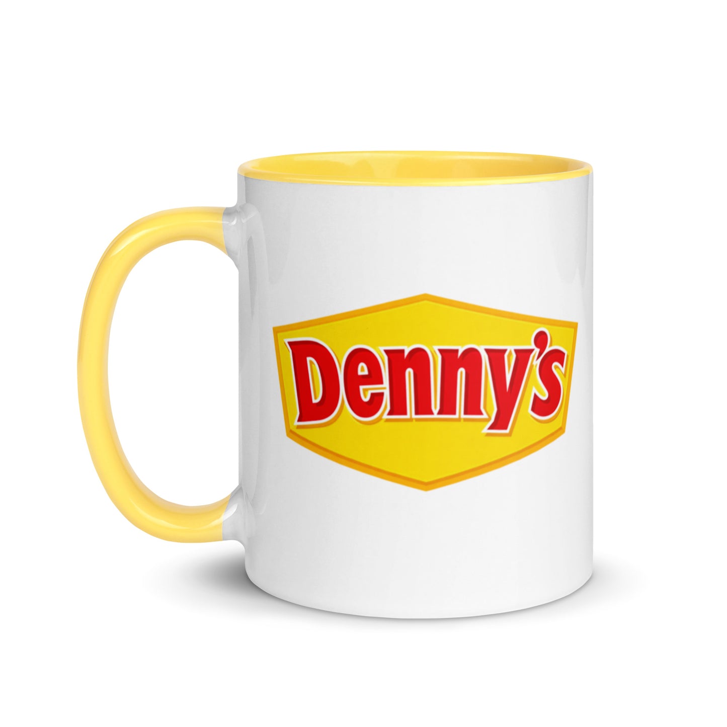Denny's logo coffee mug with yellow accent handle and interior, featuring the classic diner restaurant logo on a white ceramic coffee cup.